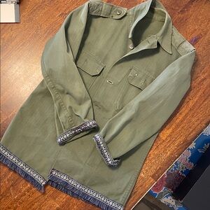 *handstitched* Olive Green Military Style Jacket with hand-embroidered trim